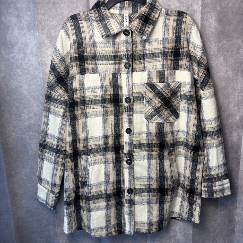Zenana Women's Small Black Tan Cream‎ Plaid Oversized Button Down Shacket